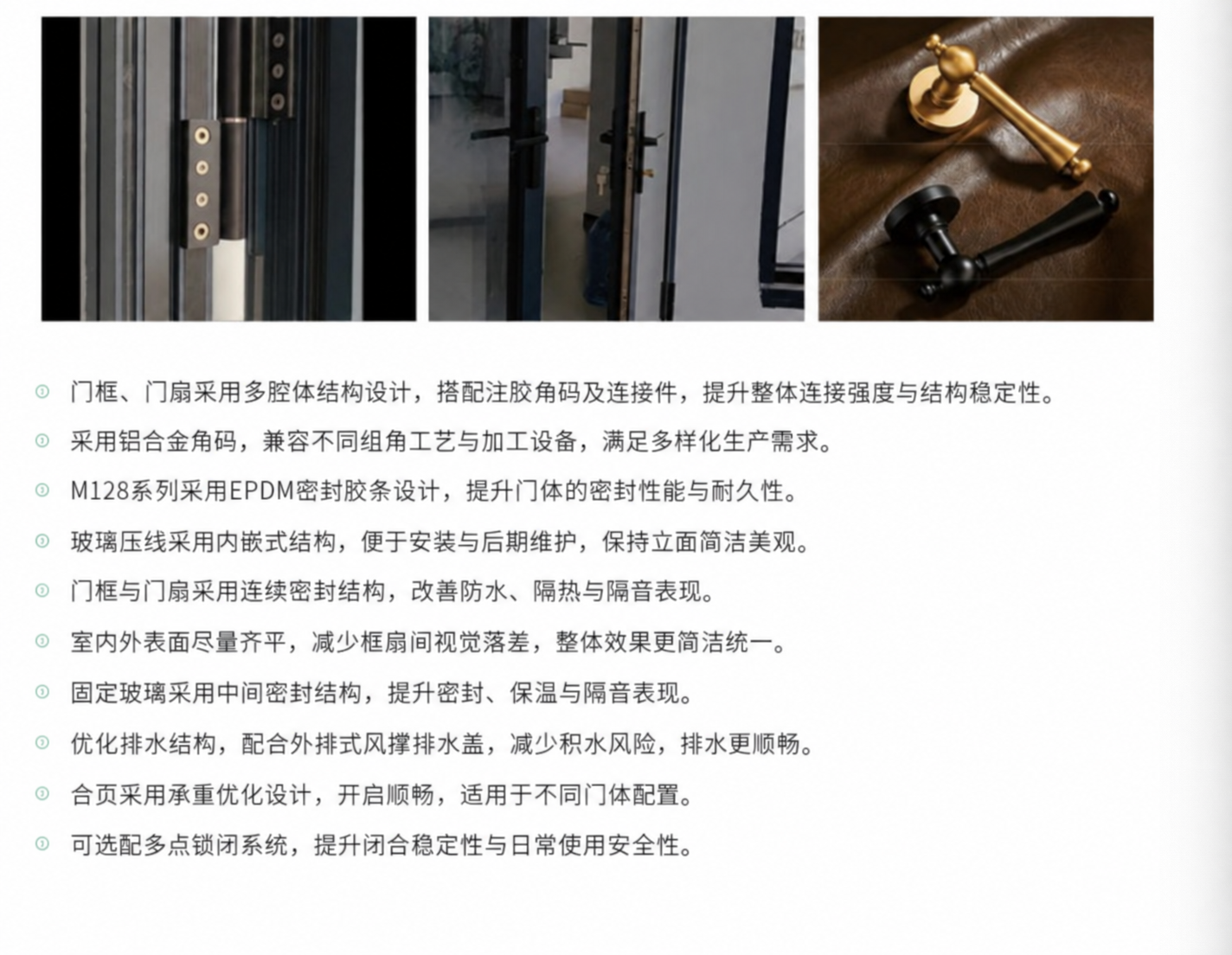 M128 产品资料中的合页、门框和把手细节